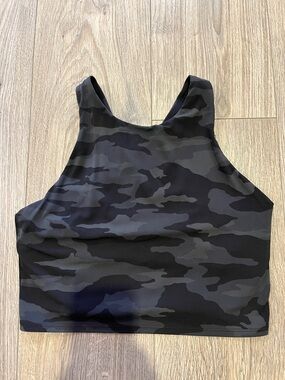 Athleta Black & Charcoal Camo High Neck Crop Top